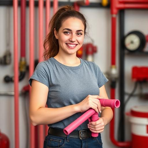 Female plumber with pipes